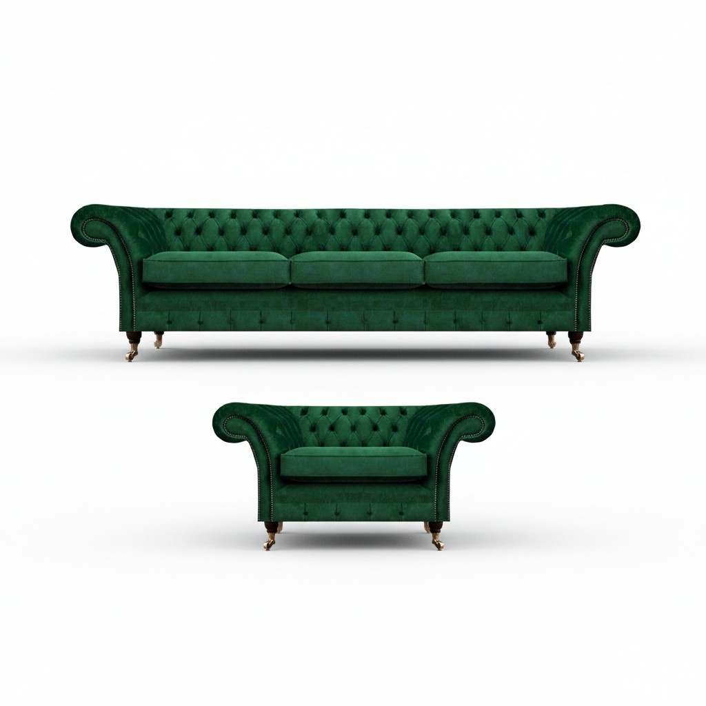 Polstermöbel Grün Sofa Dreisitze Couch Sessel Chesterfield 3+1 Sofagarnitur
