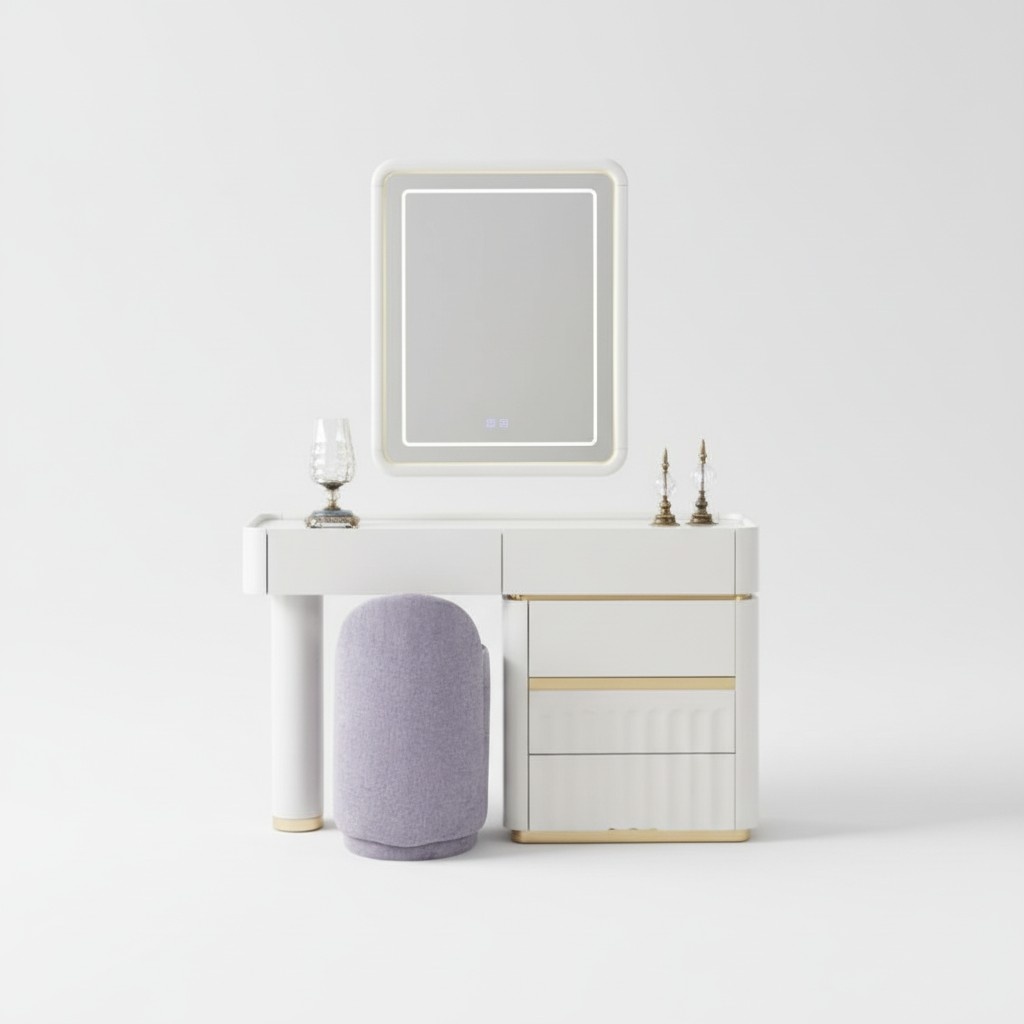 Pouf Schminktisch mit Spiegel Luxus Schlafzimmer Komplett Weiß Lila Gold