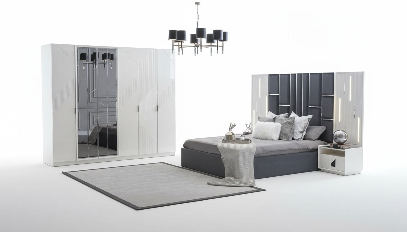 Moderne Schlafzimmer Garnitur Möbel 2x Nachttische Schrank Bett 4tlg