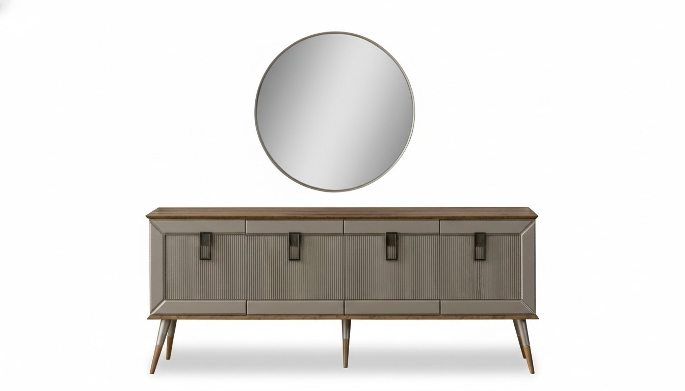 Robuste Anrichte Designer Sideboard Luxuriöser Rundspiegel Schrank 2tlg