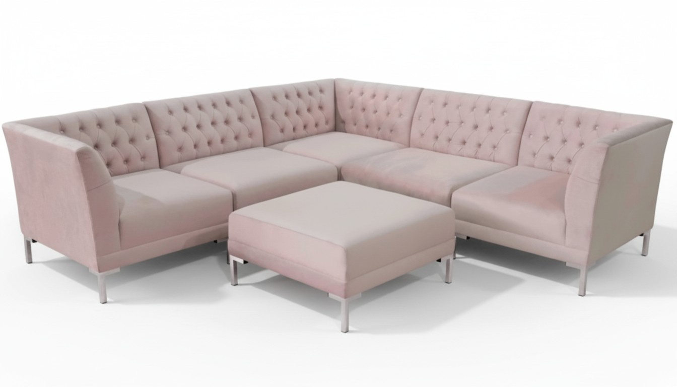 Rosa Ecksofa Hocker Chesterfield Sofas Möbel xxl Big Textill Stoff Sofas 2tlg