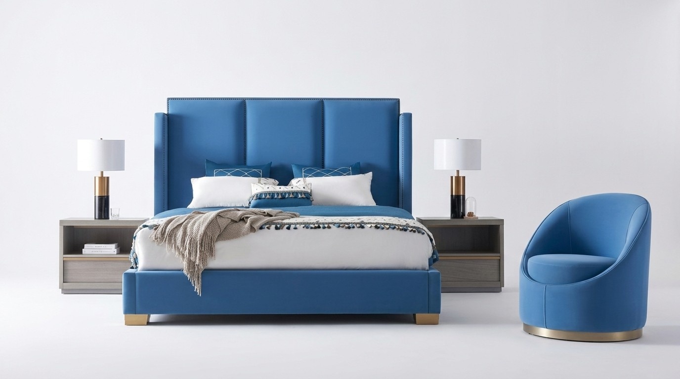 Royal Blue Bett Doppel Schlafzimmer Betten Textil 180x200 Luxus Hotel Polster