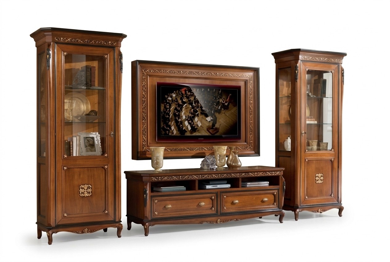 RTV Lowboard Klassische Wohnwand TV-Rahmen Braun Wohnzimmer Set 4tlg