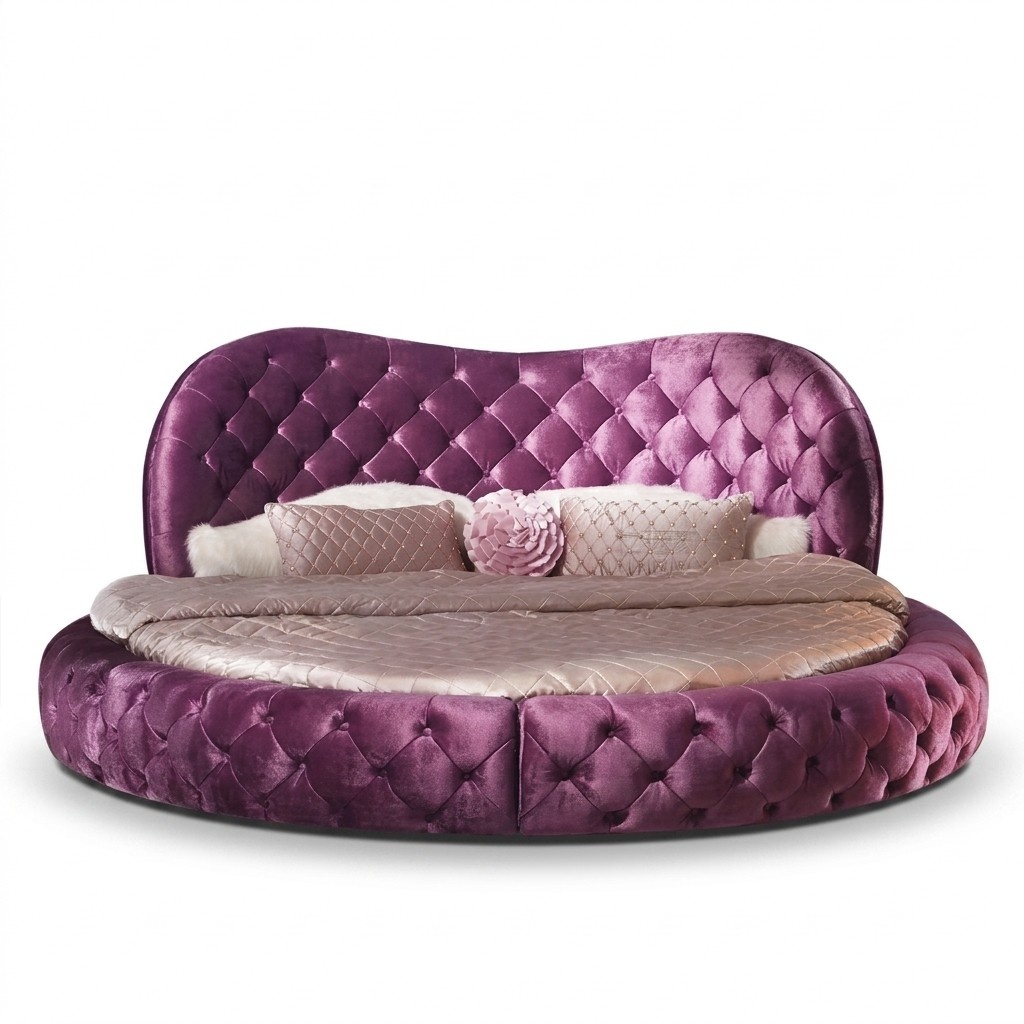 Runde Chesterfield Design Bett Schlafzimmer Textil Leder Polster Lila Rund