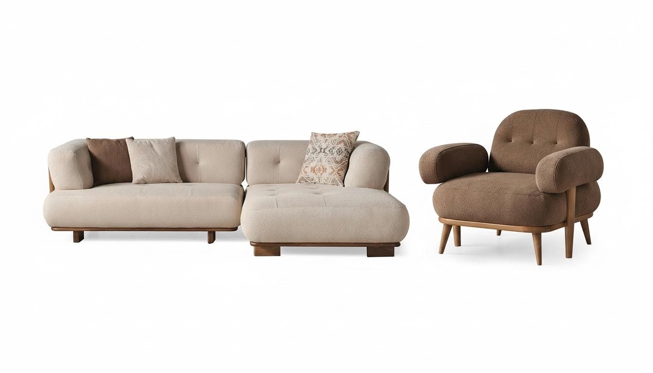Schicke Beige-Braune Sofagarnitur Stilvolles Ecksofa Textilsessel 2tlg