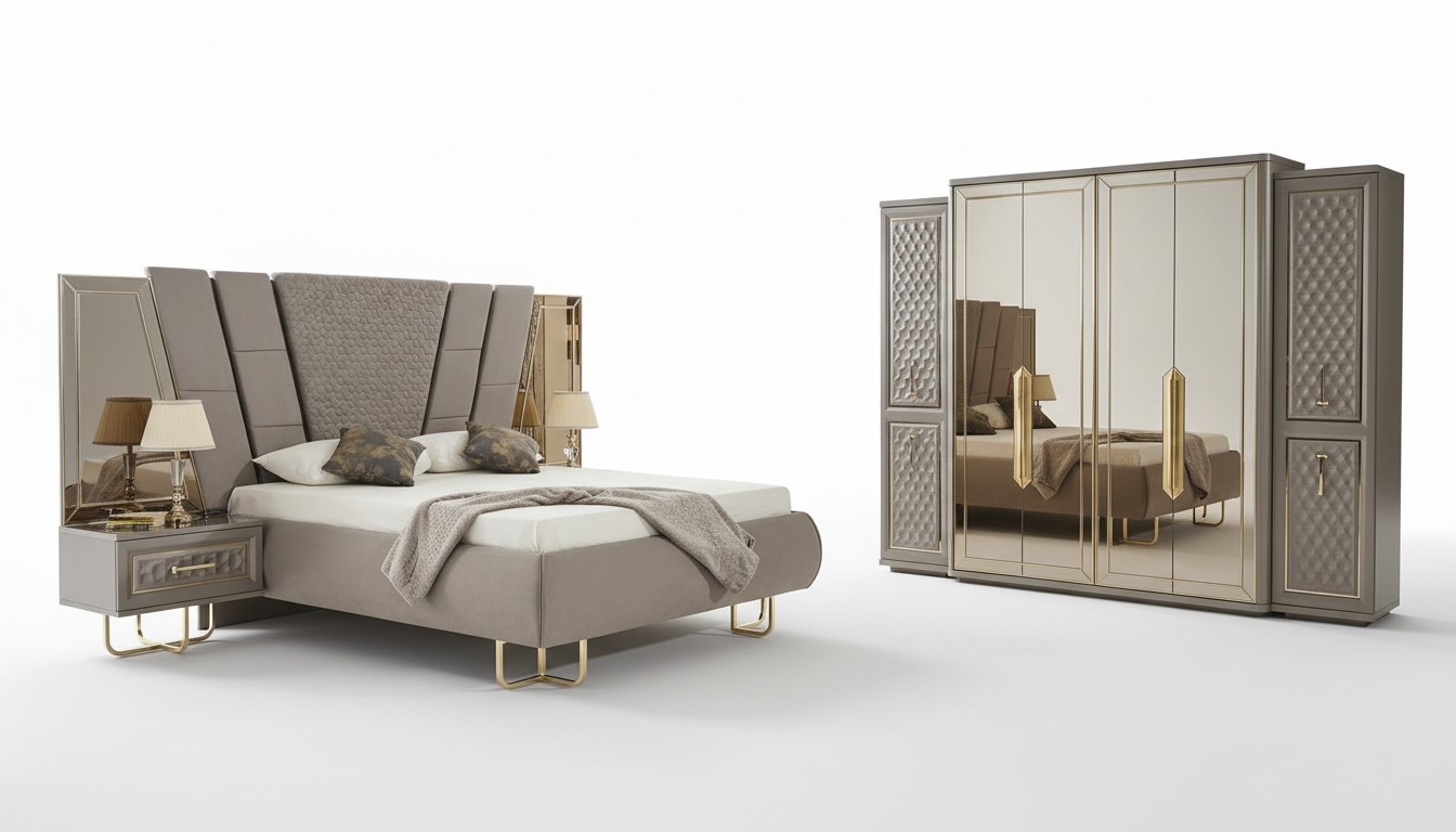 Schlafzimmer 2 Nachttische + Bett + Kleiderschrank 3-tlg. Komplettes Möbel Set