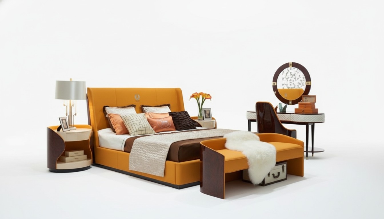 Schlafzimmer 7tlg. Set Luxus Möbel Bett Hocker Spiegel Nachttisch