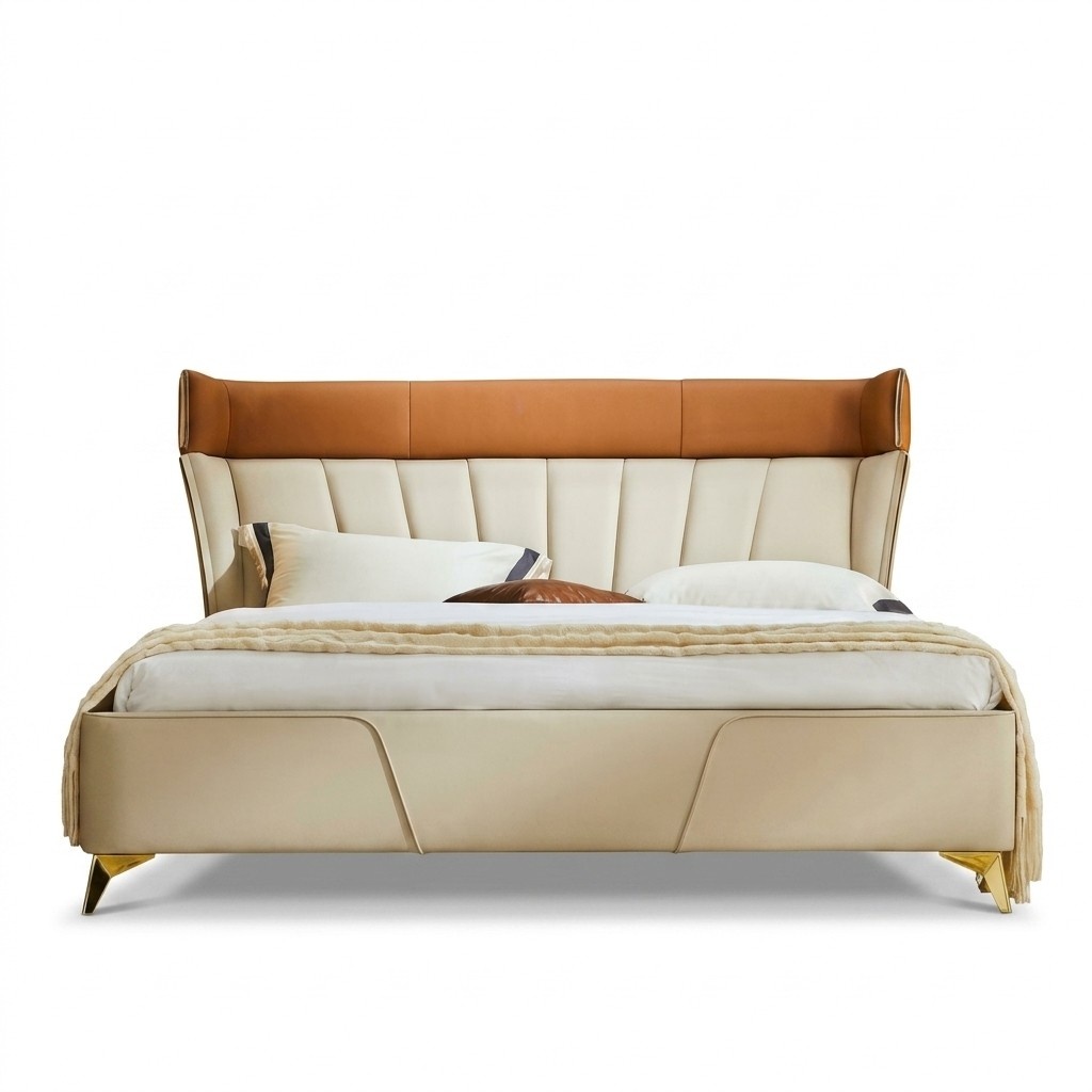 Schlafzimmer Beiges Doppelbett Lederbetten Holzgestell Textil Möbel