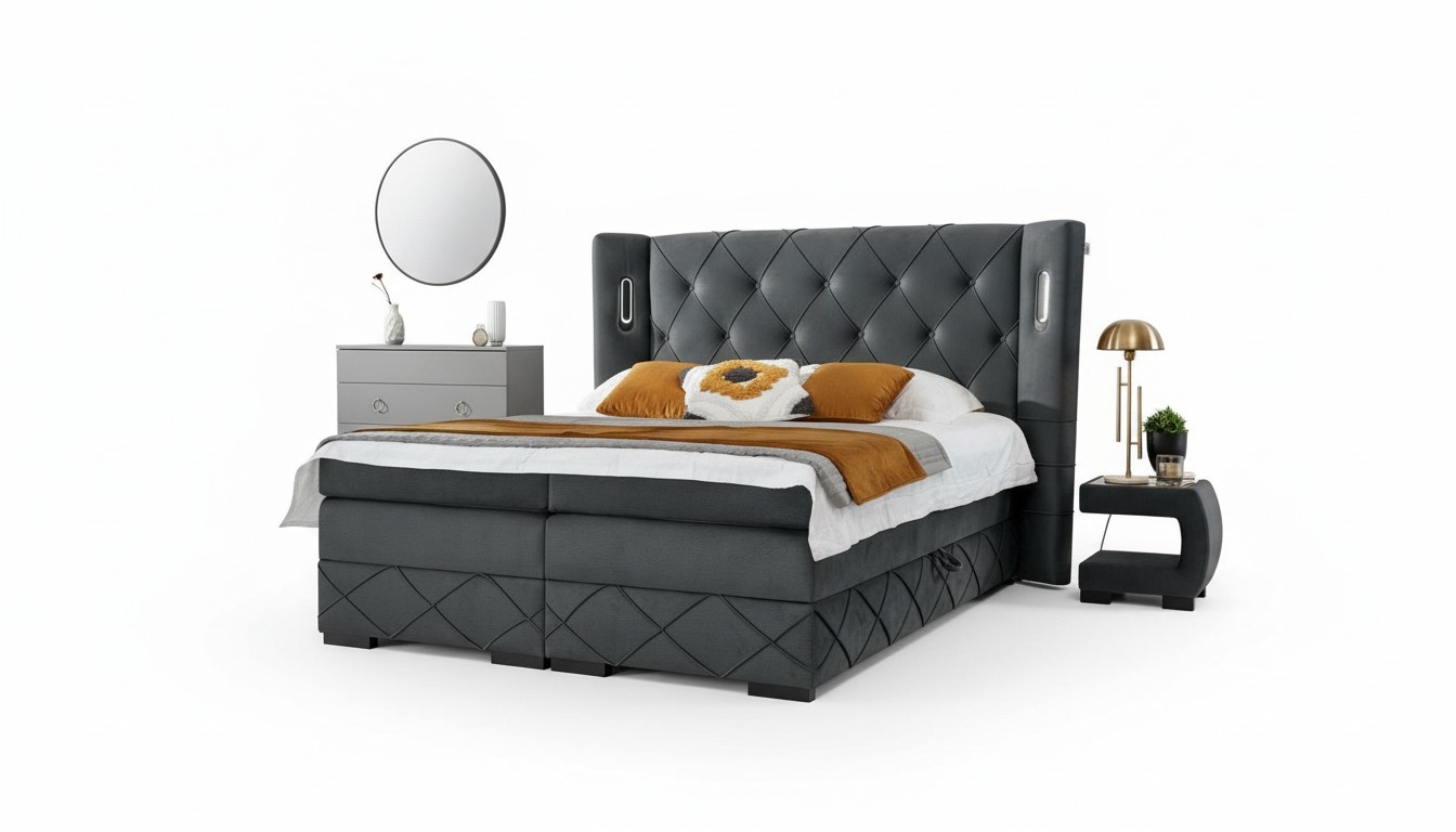 Schlafzimmer Bett Doppel Textil Betten Polster Komplett 2x Nachttische Holz