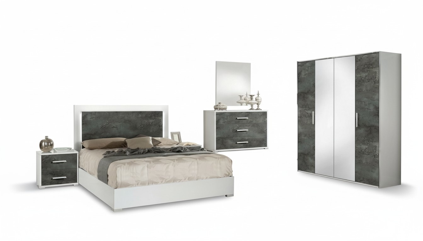 Schlafzimmer Bett Nachttisch Kleiderschrank Kommode Spiegel Doppel Set 6tlg. Neu