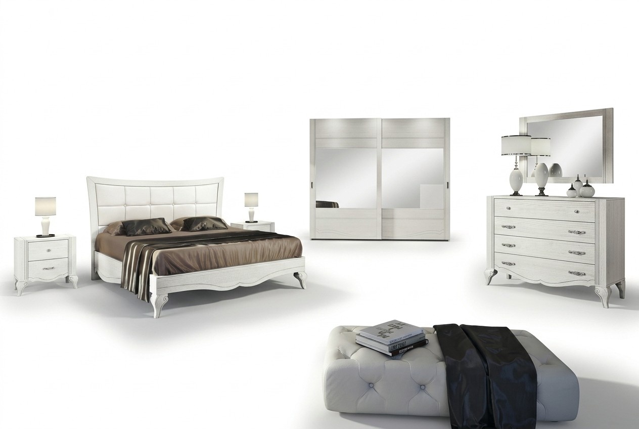 Schlafzimmer Bett Nachttisch Kleiderschrank Kommode Spiegel Weiß Luxus Set 6tlg