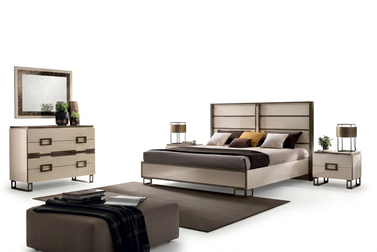 Schlafzimmer Bett Nachttisch Kommode Spiegel Polsterbett Doppelbett Set 5tlg.