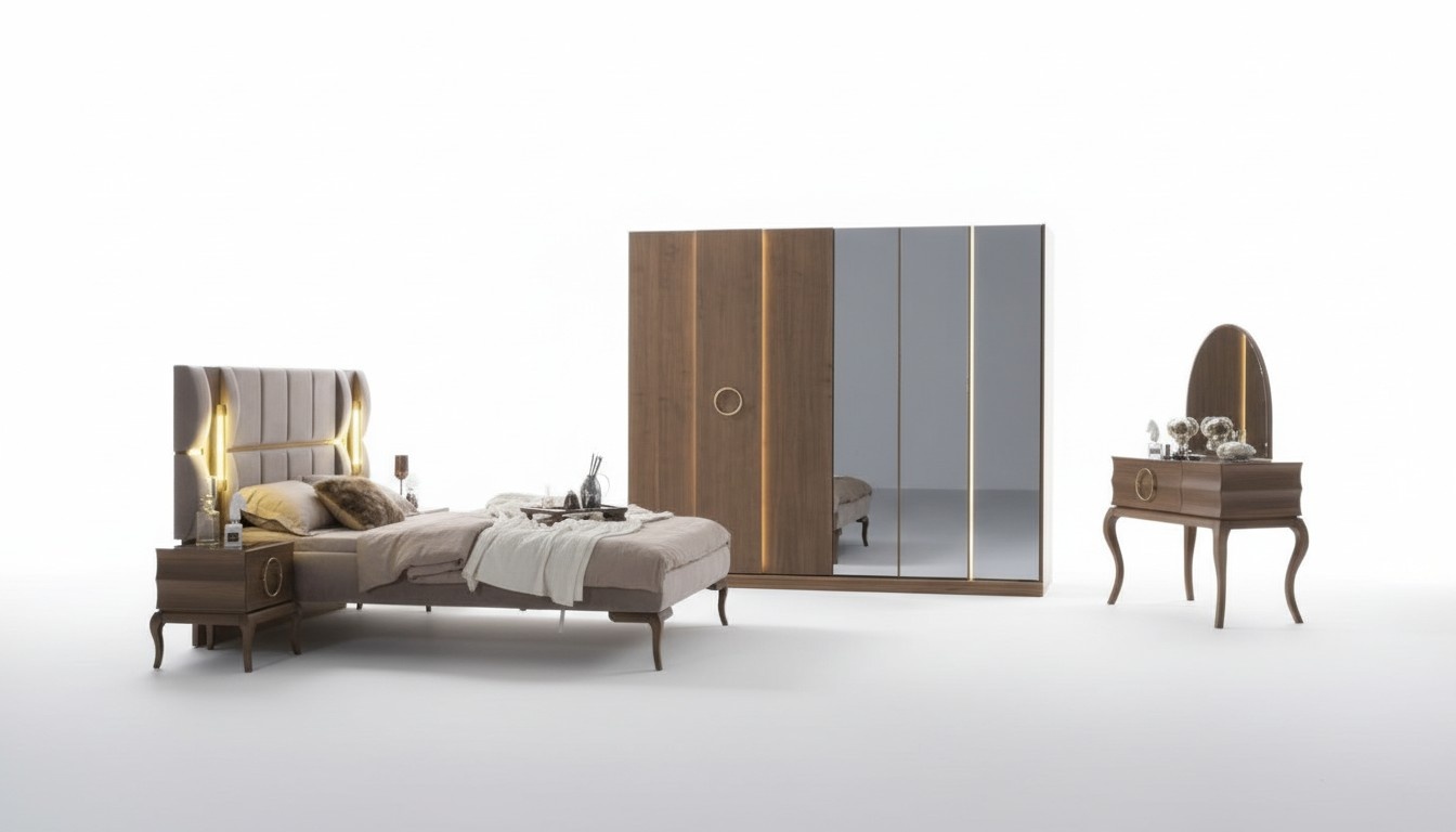 Schlafzimmer Bett Nachttische Schminktisch Kleiderschrank Beleuchtung 6tlg.