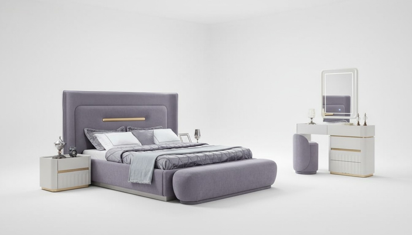 Schlafzimmer Bett Sitzbank Nachttische Schminktisch Pouf Spiegel Violett 7tlg