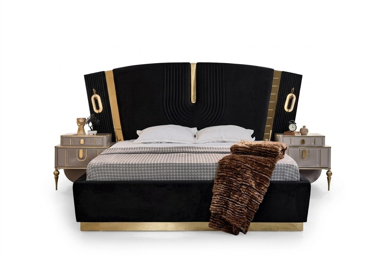 Schlafzimmer Doppelbett Garnitur Bett Nachttische 3tlg Luxus Schwarz