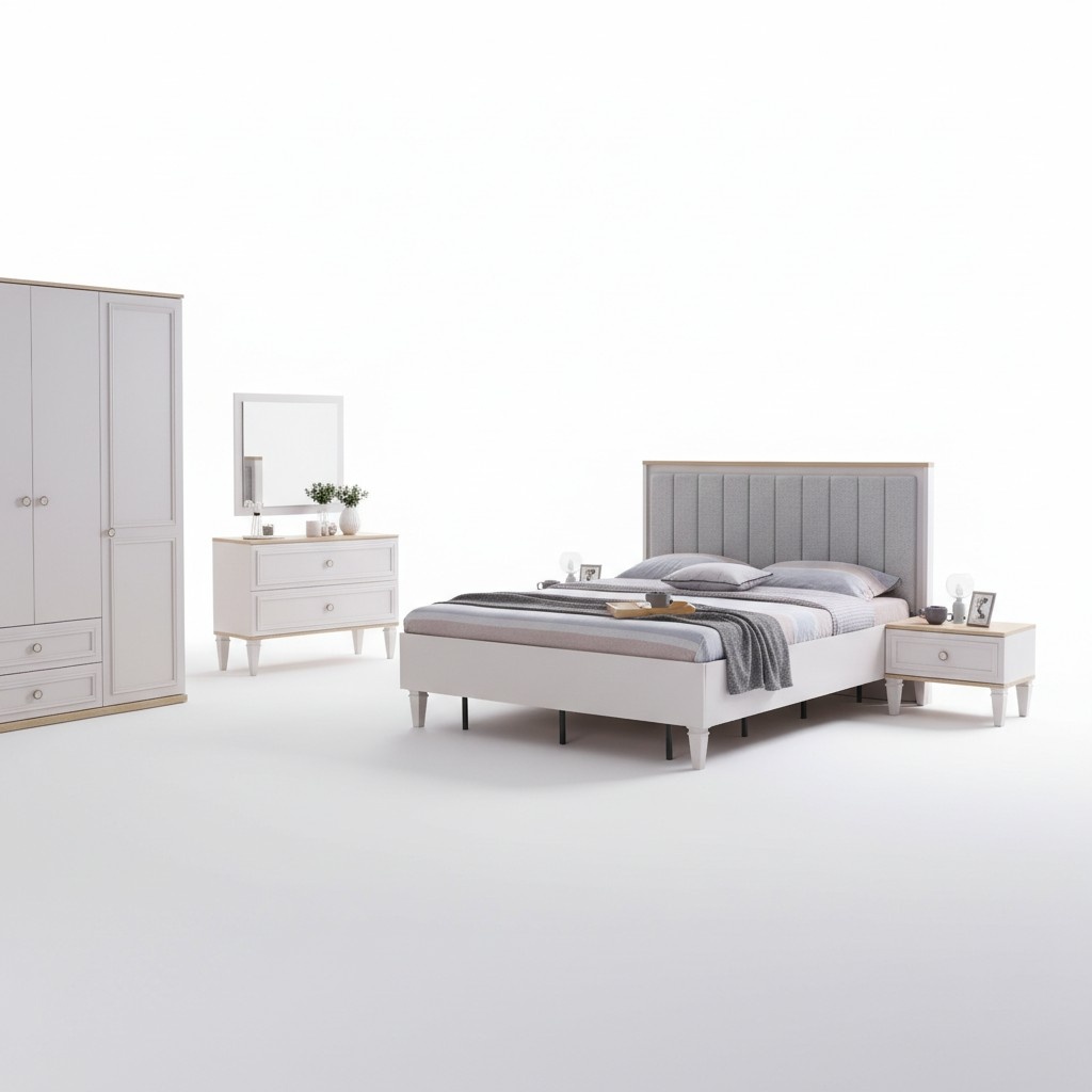 Schlafzimmer Garnitur Doppelbett Bett Nachttische Grau Holz Set 5tlg