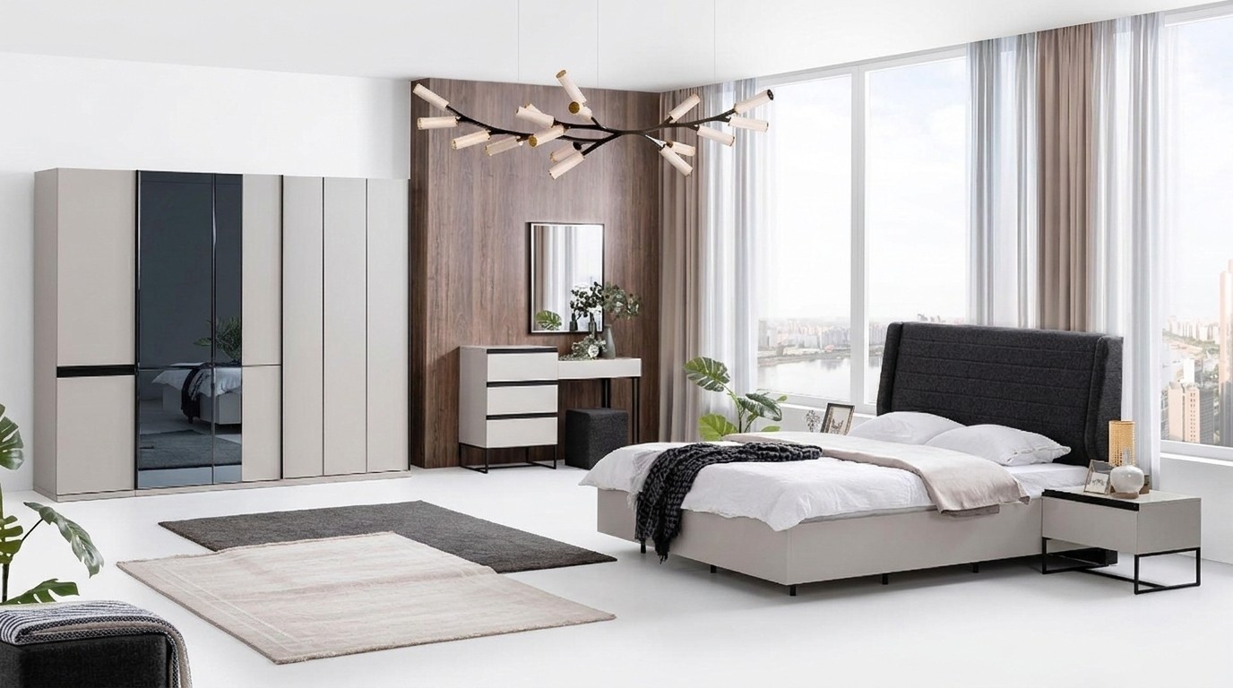 Schlafzimmer Garnitur Doppelbett Bett Nachttische Holz Set 7tlg Weiß