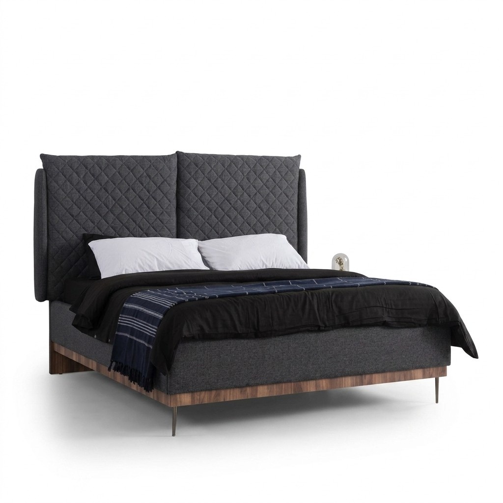 Schlafzimmer Garnitur Schwarzes Doppelbett Weiße 2x Holz Nachttische