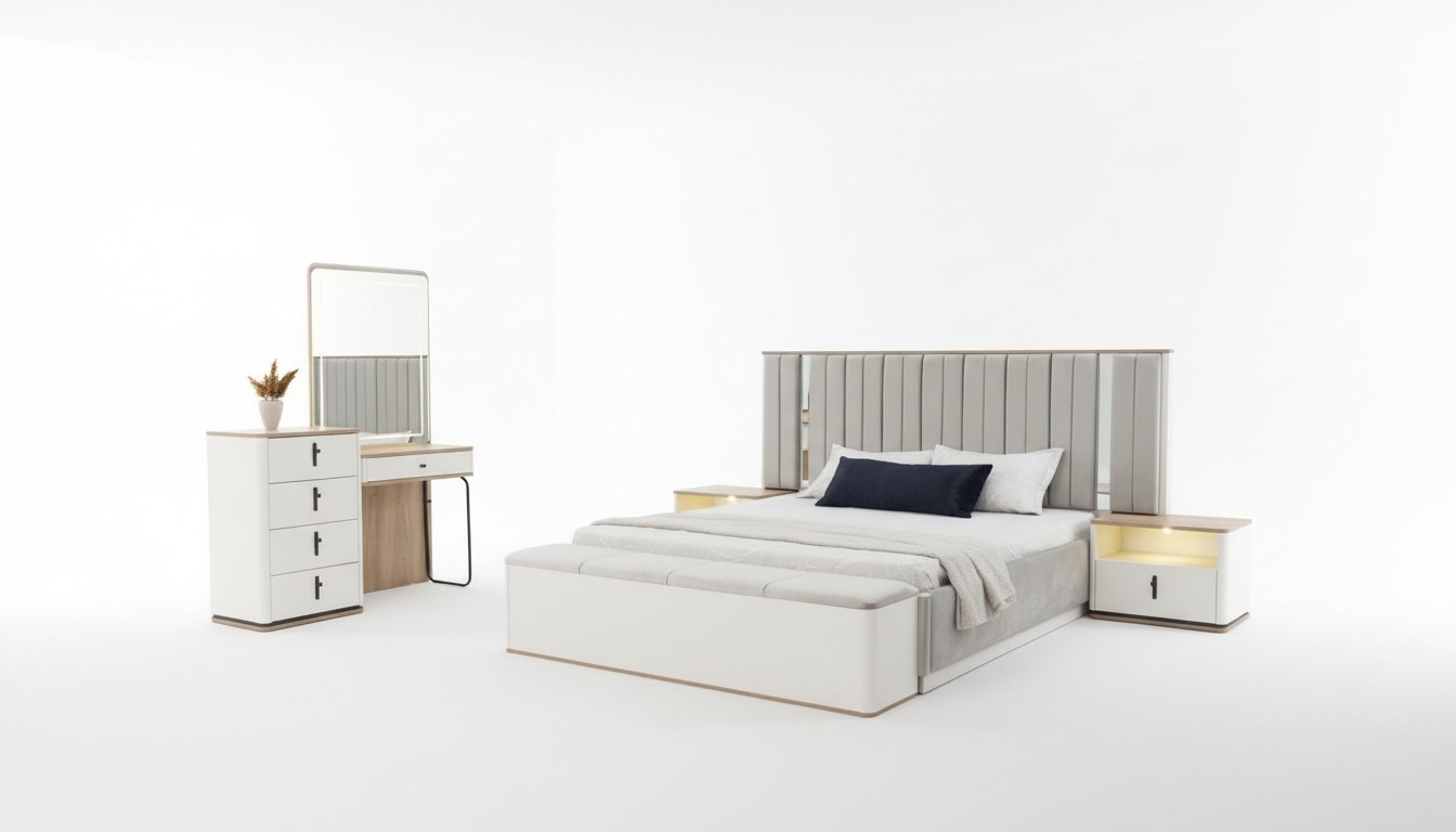 Schlafzimmer Komplett Kommode mit Spiegel Bett Nachttische Bank Beige 5tlg