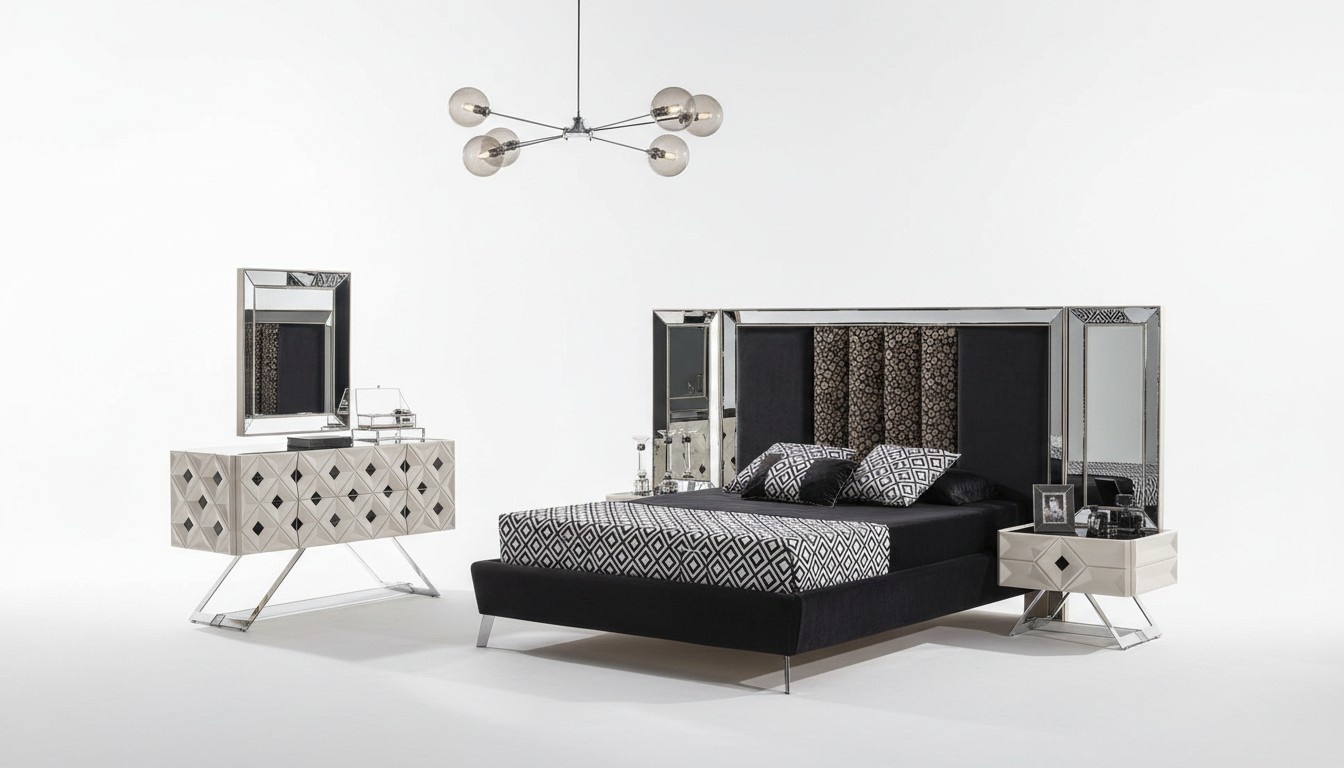 Schlafzimmer Komplettes Bett 2x Nachttische Kommode mit Spiegel Schwarz