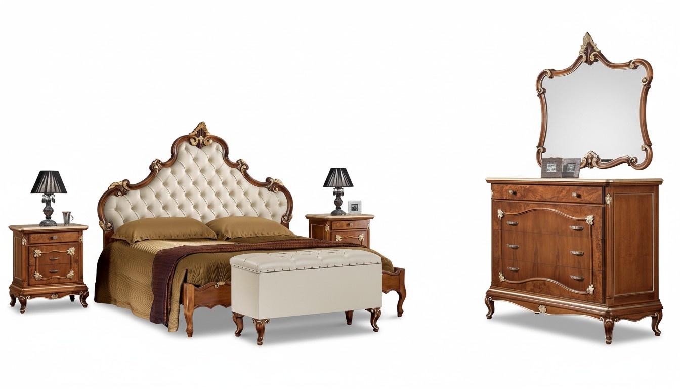 Schlafzimmer Komplettes Set Bett 2x Nachttisch Kommode Spiegel Sessel 6tlg Italy