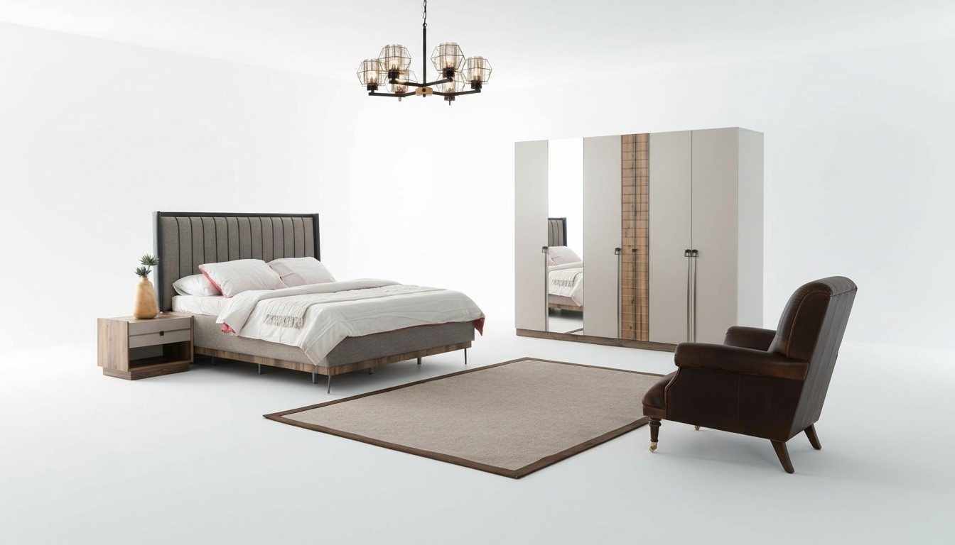 Schlafzimmer Moderne Garnitur Textil Doppelbett Holz Kleiderschrank 4tlg