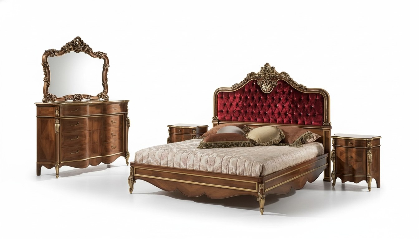 Schlafzimmer Möbel 5tlg. Set Bett 2x Nachttisch Kommode Klassisch Holz