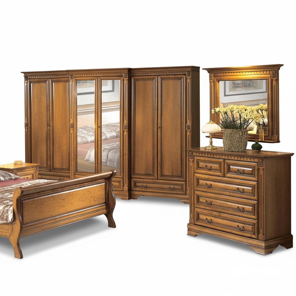 Schlafzimmer Möbel Kleiderschrank Stilvoller Kommode mit Spiegel Set 3tlg