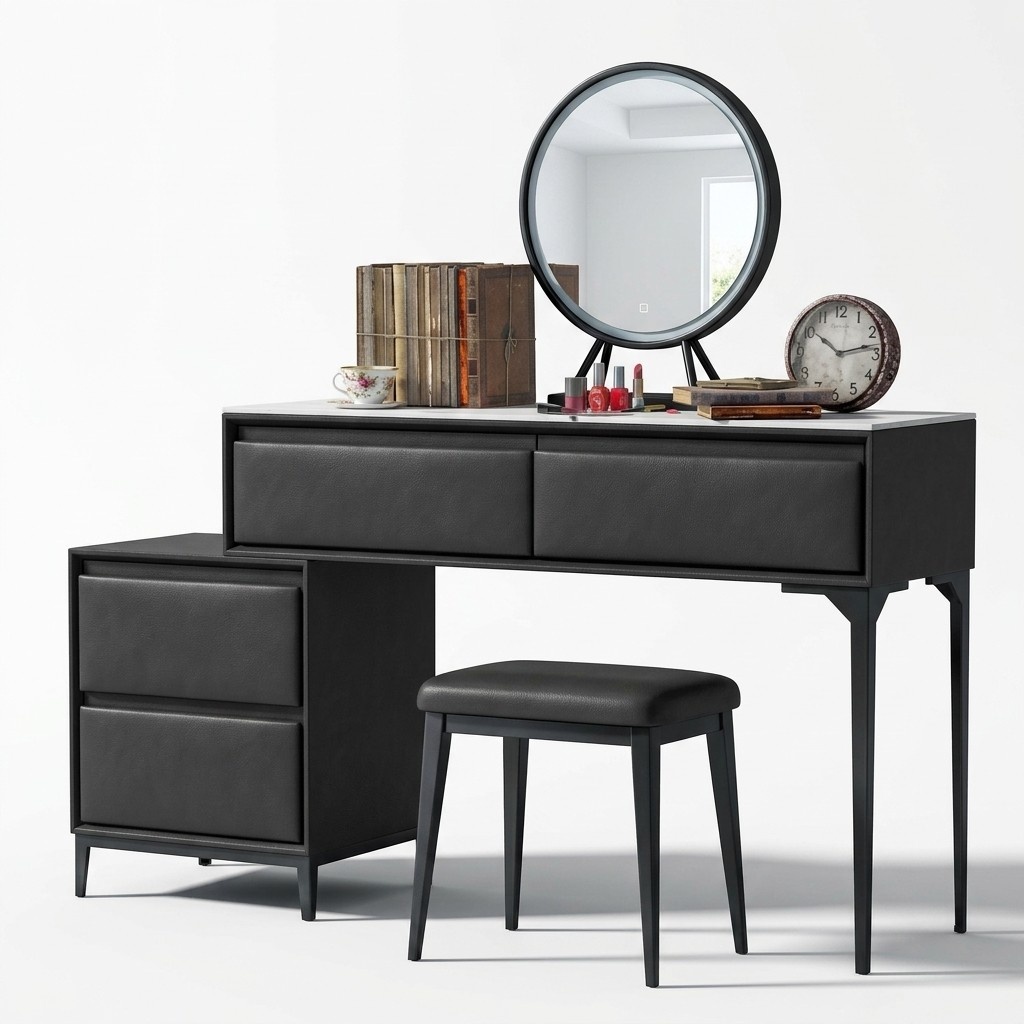 Schlafzimmer Schminktisch Frisierti schschwarz und Schubladen Stuhl