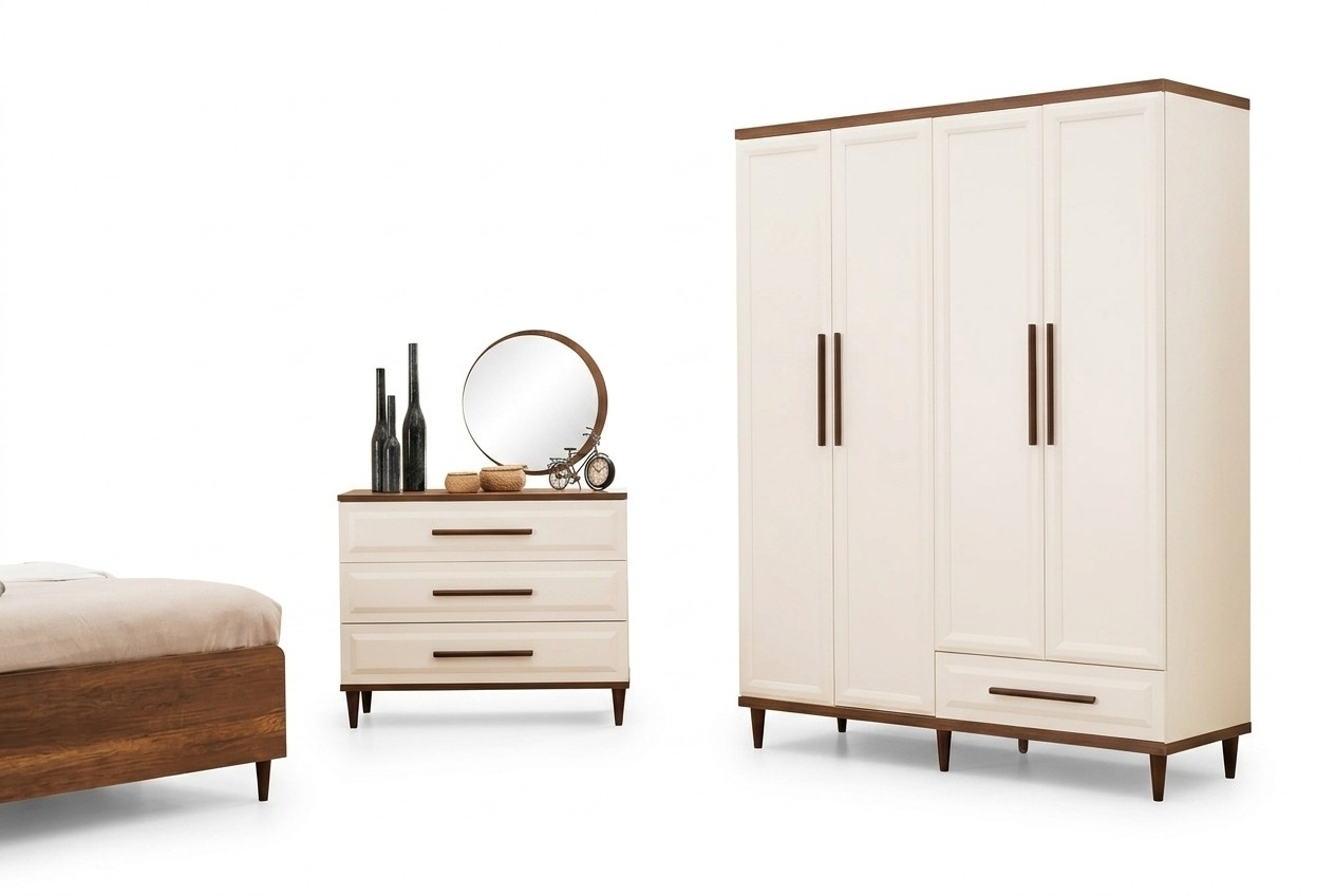 Schlafzimmer Set 3tlg Holzmöbel Kommode + Spiegel Modern Kleiderschrank