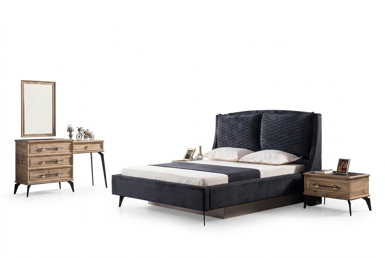 Schlafzimmer Set 4-teilig modernes Luxusbett 2 Nachttische Kommode inklusive