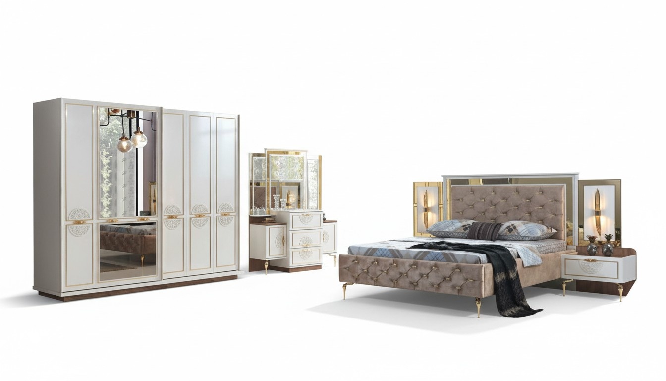 Schlafzimmer Set 5tlg. Luxus Bett 2x Nachttisch Kleiderschrank Kommode