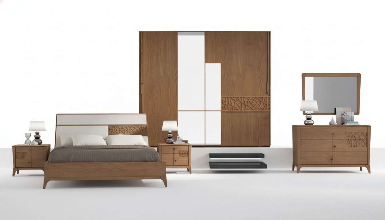 Schlafzimmer Set 6tlg. Luxus Bett 2x Nachttische Kleiderschrank Holz Neu