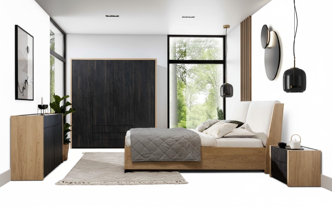 Schlafzimmer Set Beige Bett 2x Nachttische Kommode Kleiderschrank Modern 5tlg.