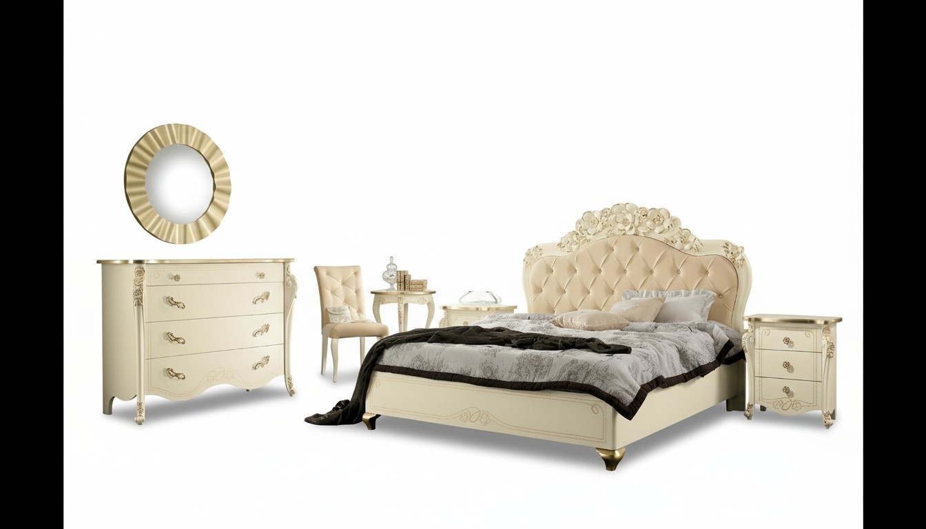 Schlafzimmer Set Beige Schlafzimmer Bett Nachttisch Kommode Spiegel Stuhl 6tlg.