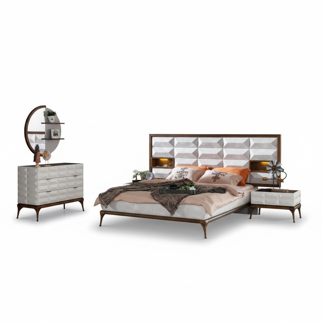 Schlafzimmer Set Bett 2x Nachttische Kommode Spiegel Mit LED-Beleuchtung