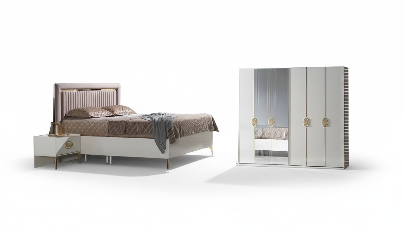 Schlafzimmer Set Bett + 2x Nachttische + Kleiderschrank Luxus Moderne Möbel 4tlg