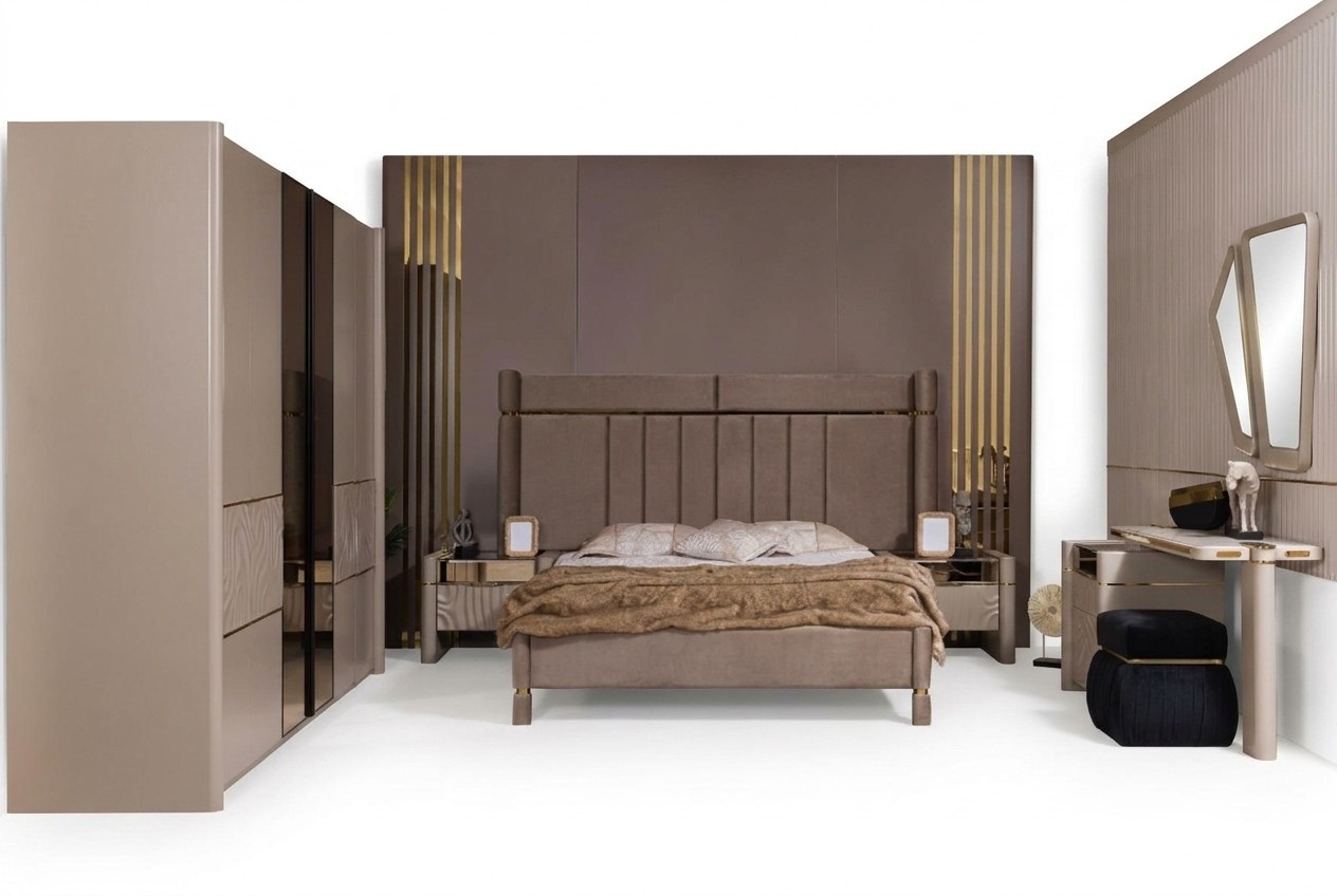 Schlafzimmer Set Bett 2x Nachttisch Kleiderschrank Schminktisch mit Spiegel 5tlg