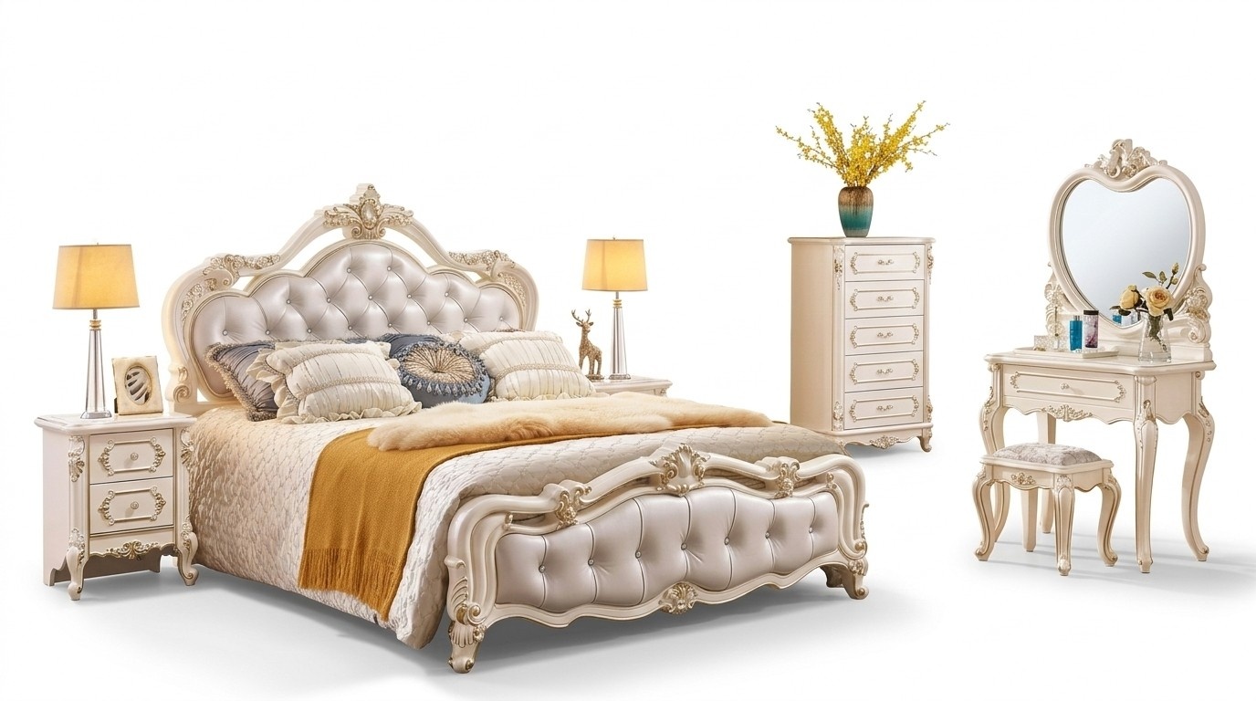 Schlafzimmer Set Bett 2x Nachttische Schminktisch Hocker Kommode 6tlg Luxus