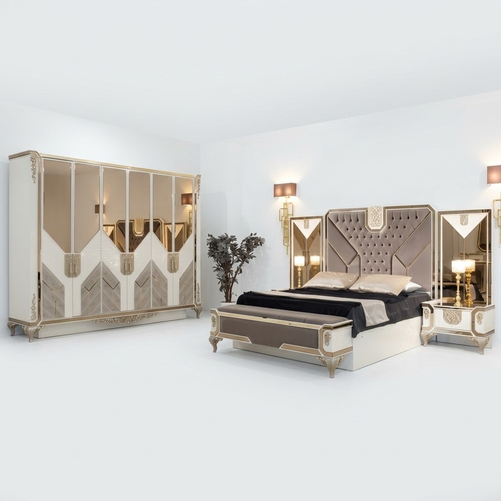 Schlafzimmer Set Bett + 2x Nachttische + Kleiderschrank 5tlg Komplett Möbel Hoz