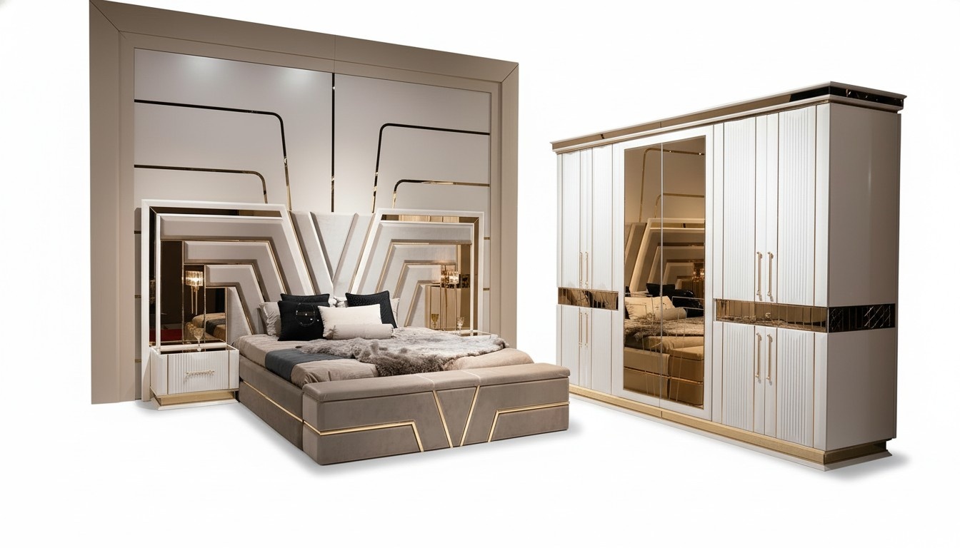 Schlafzimmer Set Bett 2xNachttische Kleiderschrank 7tlg Design Luxus