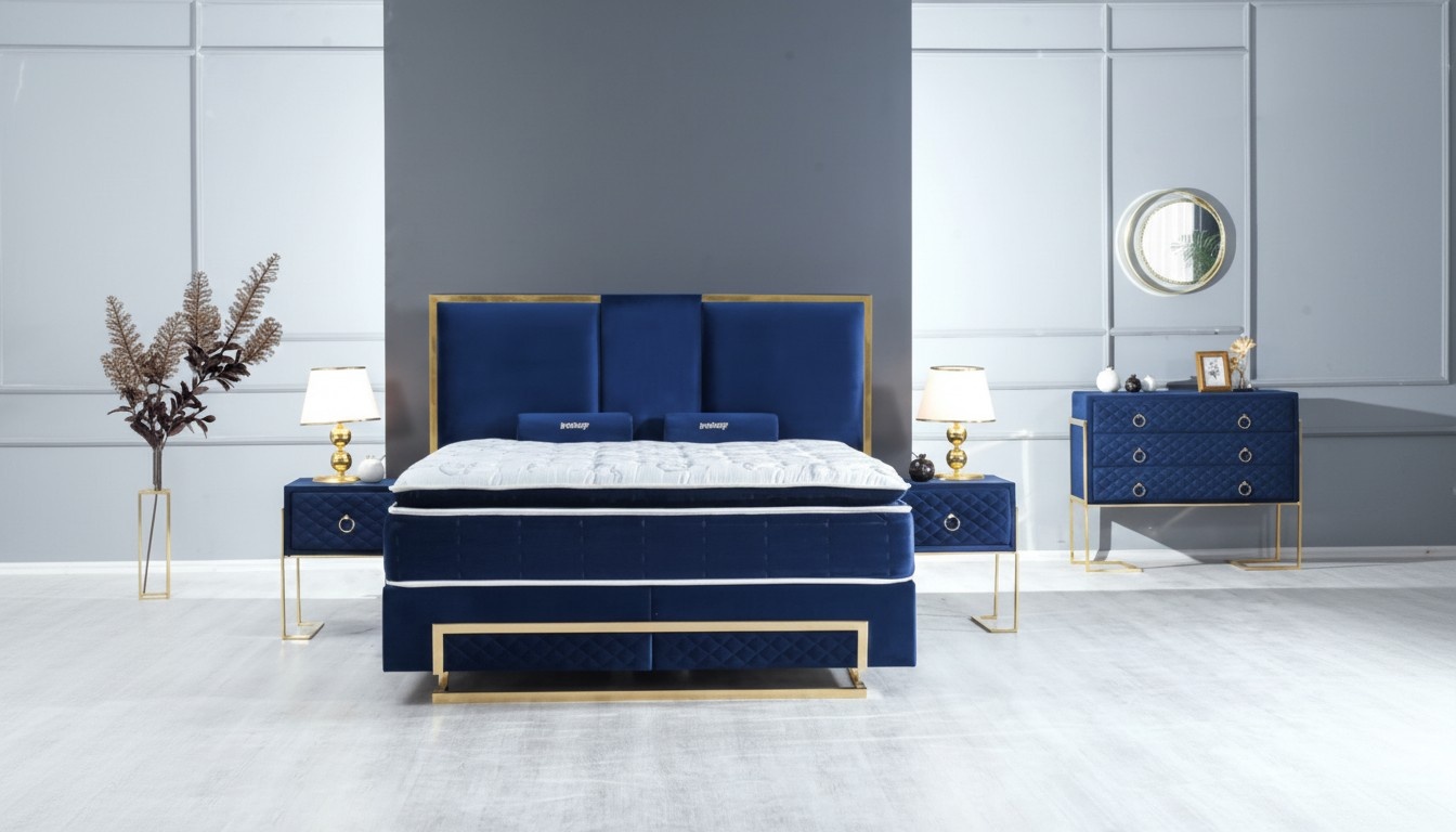 Schlafzimmer Set Bett Blau Hocker Kommode Design Luxus 2x Nachttische