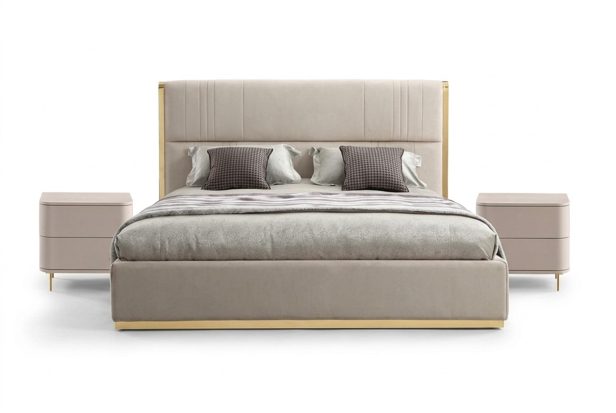 Schlafzimmer Set Bett Grau Metall Stoff Design Luxus 2x Nachttische 3tlg. Neu-