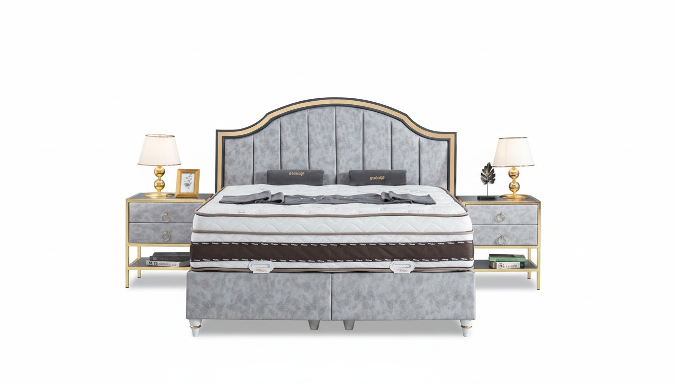 Schlafzimmer Set Bett Grau Metall Stoff Design Luxus 2x Nachttische 3tlg. Neu