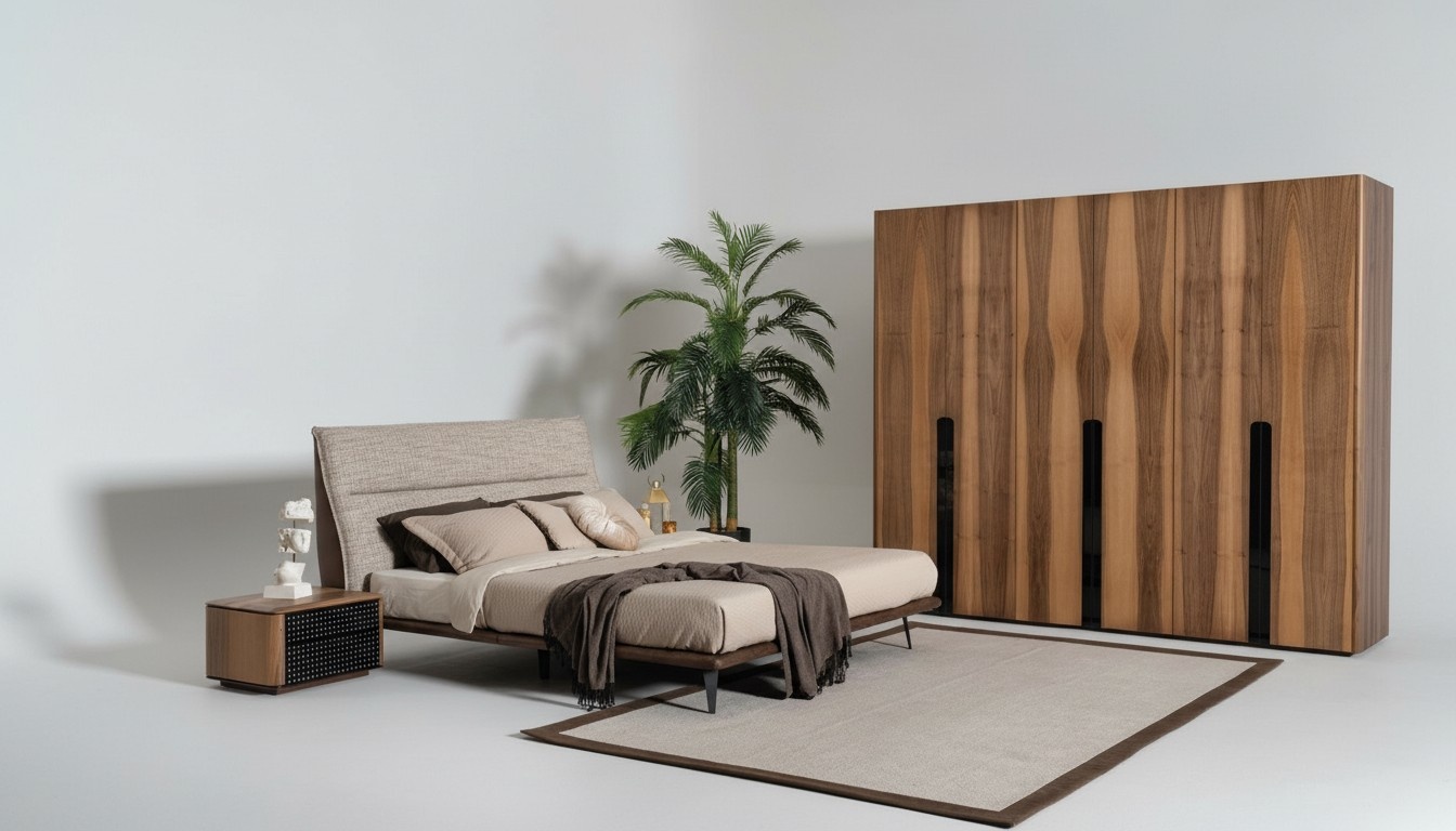Schlafzimmer Set Bett Kleiderschrank 2х Nachttische Holz grau 4tlg