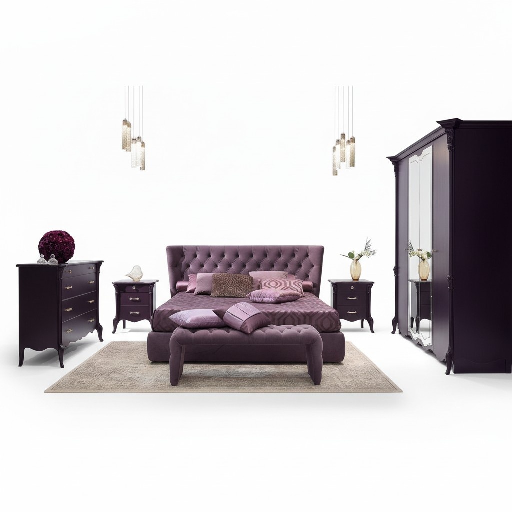 Schlafzimmer Set Garnitur Bett 2x Nachttische Hocker 3tlg. Chesterfield Komplett