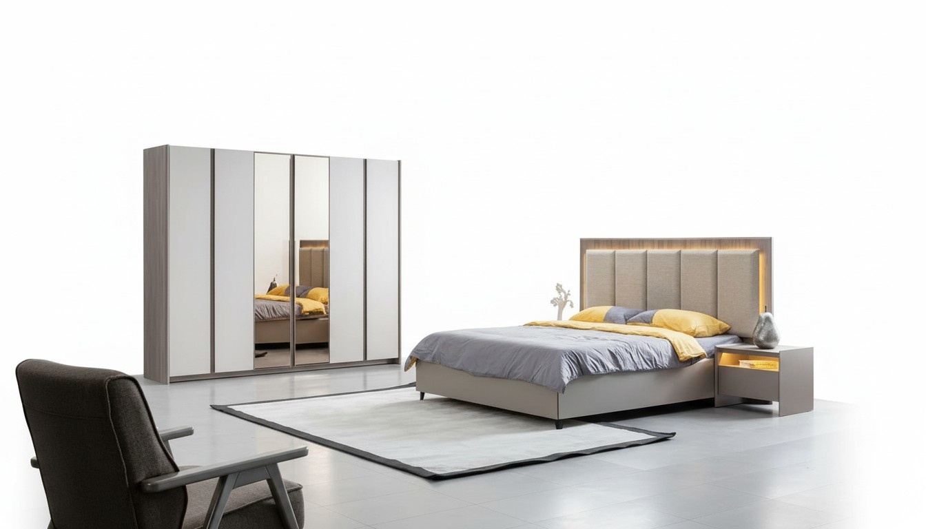 Schlafzimmer-Set Grau Bett mit 2 Nachttische & Geräumiger Kleiderschrank 4-tlg.