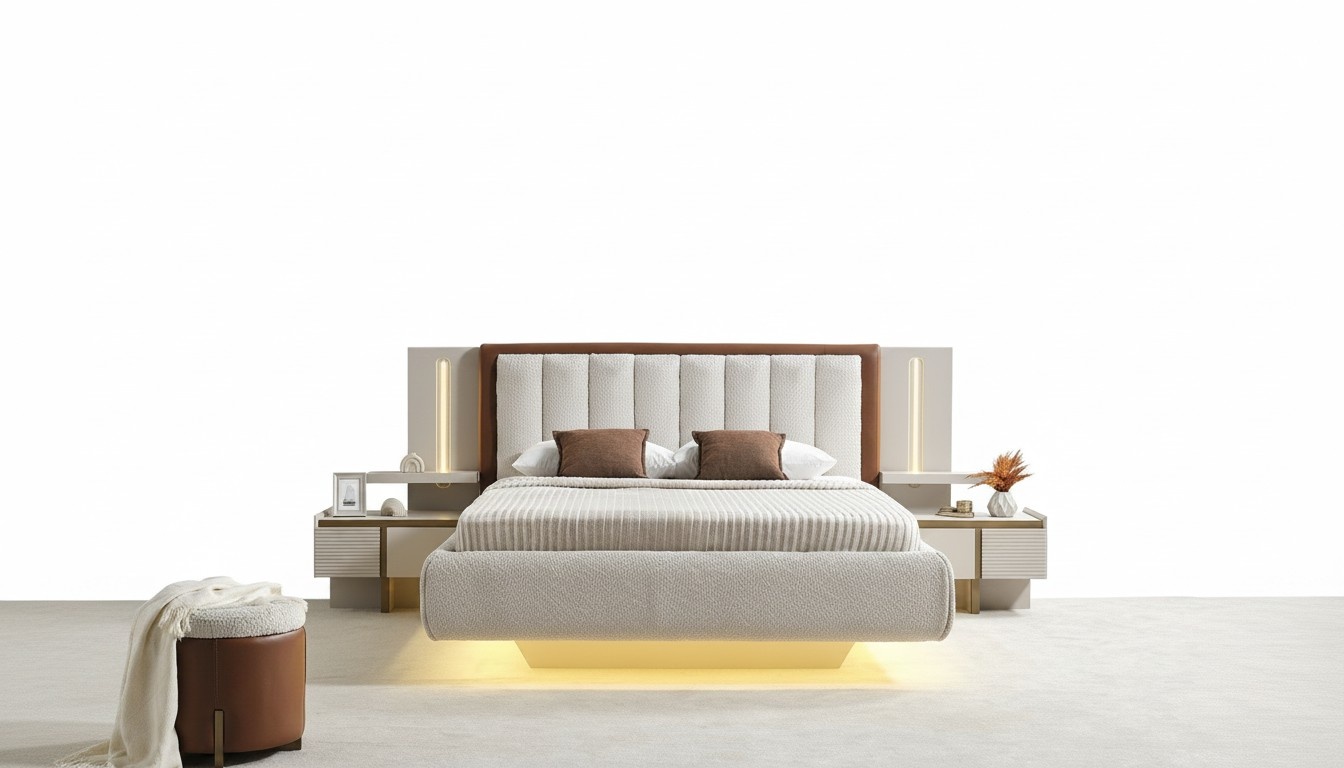Schlafzimmer-Set in Beige aus Holz mit Bett, Nachttischen und Hocker