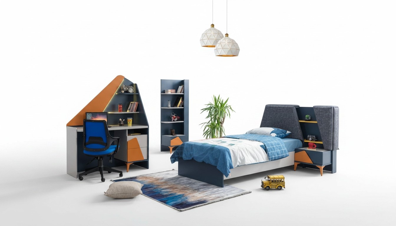 Schlafzimmer Set Kinderzimmer Bett Nachttisch Schreibtisch Buecherregal Blau