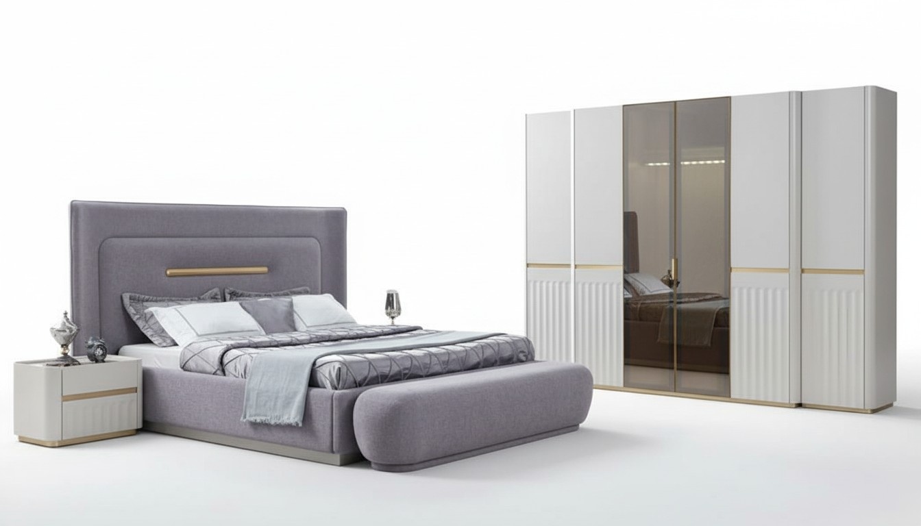 Schlafzimmer Set Kleiderschrank Bett 2x Nachttische Sitzbank Violett Komplett